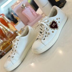 Dolce & Gabbana 
White Leather Gold Red Heart Sneakers Shoes